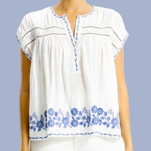 Max Studio Womens  Embroidered Cap Sleeve Notch Neck Top